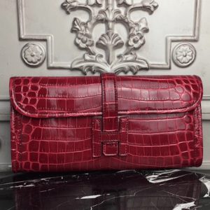 Top Réplique de Luxe Hermès Jige Elan Pochette Cuir Crocodile Rouge Foncé
