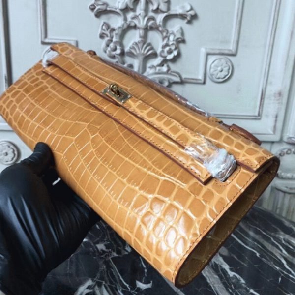Fausse Pochette Hermès Kelly Cut Crocodile Caramel – Image 7