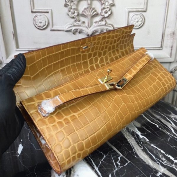 Fausse Pochette Hermès Kelly Cut Crocodile Caramel – Image 5