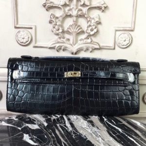 Réplique Pochette Hermès Kelly Cut Crocodile Noir