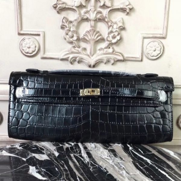 Réplique Pochette Hermès Kelly Cut Crocodile Noir