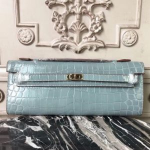 Copie Pochette Hermès Kelly Cut Bleu Lin Crocodile