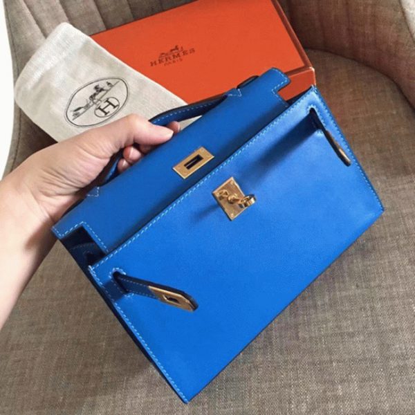 Fausse de designer Sac à main Hermès Kelly Pochette Bleu Izmir Swift – Image 6
