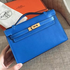 Fausse de designer Sac à main Hermès Kelly Pochette Bleu Izmir Swift
