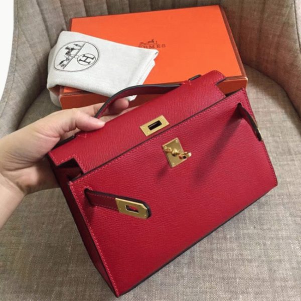 Fausse Sac à main Hermès Kelly Pochette Rouge Vif Epsom – Image 7