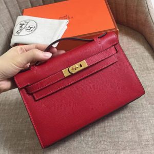 Fausse Sac à main Hermès Kelly Pochette Rouge Vif Epsom