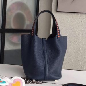 Fausse Sac à Main Hermès Picotin Lock 18cm avec Poignées Tressées Bleu Marine