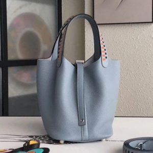 Faux Luxe Sac à Main Hermès Picotin Lock 22cm Lin avec Poignées Tressées Bleu