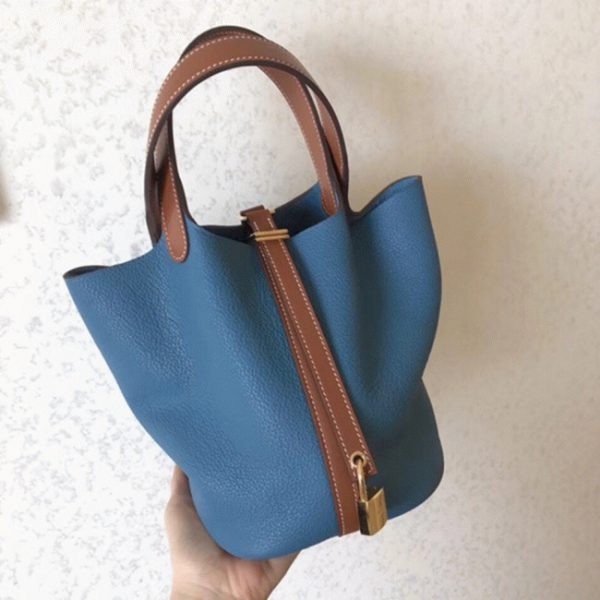 Réplique 1:1 Sac à Main Hermès Picotin Lock 22cm Bicolore Bleu Jean – Image 8