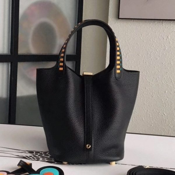 Fausse 1:1 Sac à Main Hermès Picotin Lock 22cm avec Poignées Tressées Noir