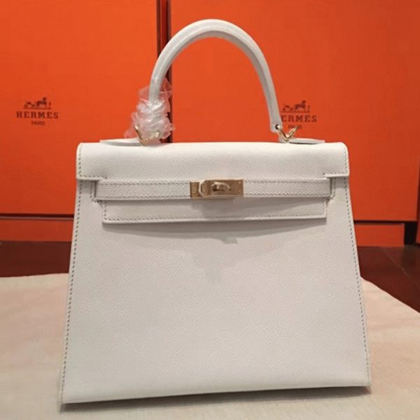 Fausse de luxe Sac à main Hermès Kelly Sellier 25cm Blanc Epsom