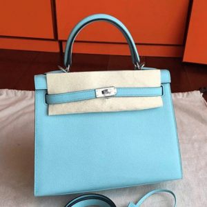 Fausse Sac à main Hermès Kelly Sellier 25cm Bleu Atoll Epsom