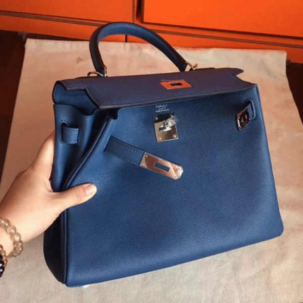 Fausse Sac à main Hermès Kelly Retourne 28cm Agate Bleue Clémence – Image 5