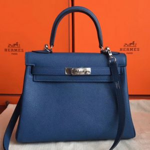 Fausse Sac à main Hermès Kelly Retourne 28cm Agate Bleue Clémence