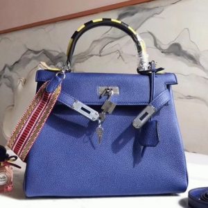 Réplique Sac à main Hermès Kelly 28cm Bleu avec Poignée Zigzag