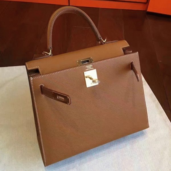 Fausse de luxe Sac à main Hermès Kelly Sellier 28cm Marron Epsom – Image 7