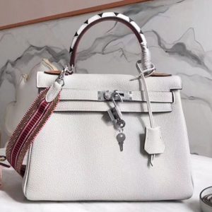 Réplique Sac à main Hermès Kelly 28cm Blanc avec Poignée Zigzag