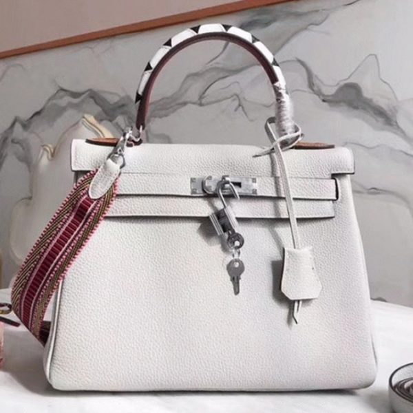 Réplique Sac à main Hermès Kelly 28cm Blanc avec Poignée Zigzag