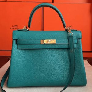 Fausse Sac à main Hermès Kelly Retourne 32cm Bleu Paon Clémence