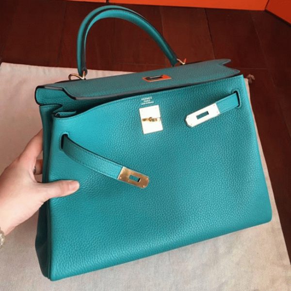 Fausse Sac à main Hermès Kelly Retourne 32cm Bleu Paon Clémence – Image 2