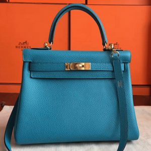 Imitation Sac à main Hermès Kelly Retourne 28cm Turquoise Clémence
