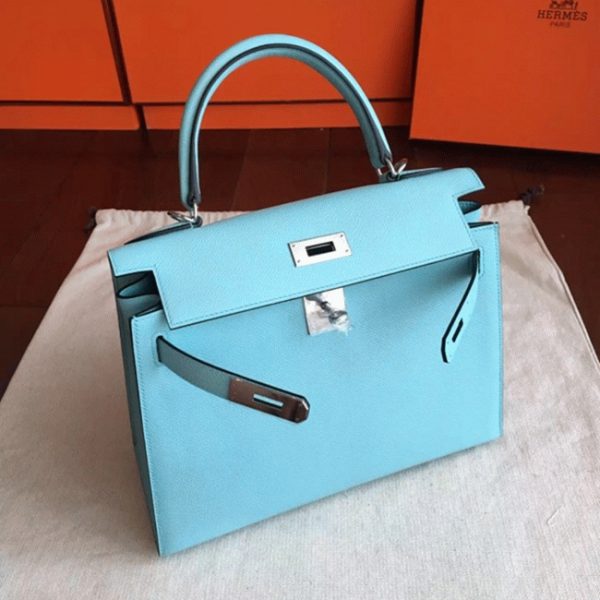 Réplique Sac à main Hermès Kelly Sellier 28cm Bleu Atoll Epsom – Image 4