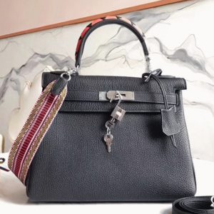 Réplique de luxe Sac à main Hermès Kelly 28cm Noir avec Poignée Zigzag
