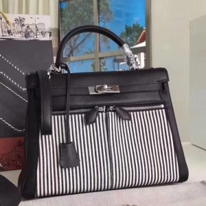 Contrefaçon Sac à main Hermès Kelly Lakis 32cm Toile et Swift Noir