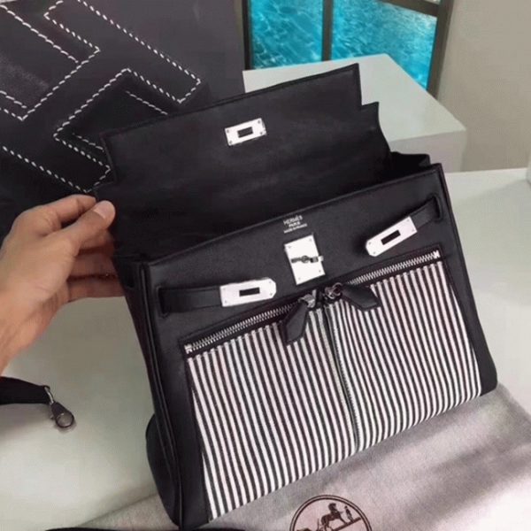 Contrefaçon Sac à main Hermès Kelly Lakis 32cm Toile et Swift Noir – Image 6