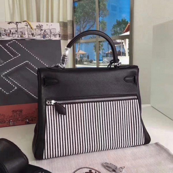 Contrefaçon Sac à main Hermès Kelly Lakis 32cm Toile et Swift Noir – Image 5