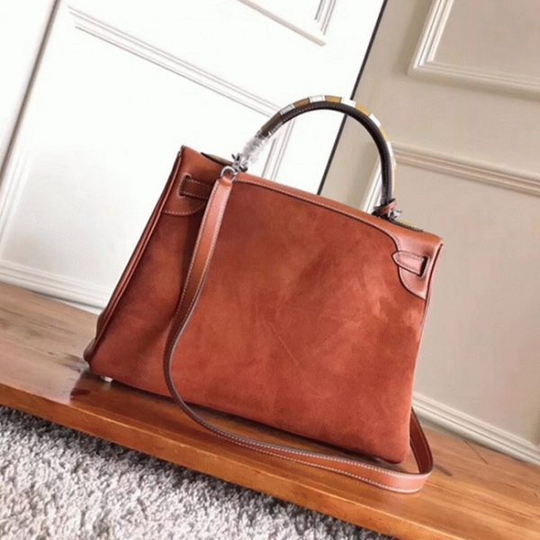 Fausse Sac à main Hermès Kelly 32cm avec Poignée Zigzag Suède Marron – Image 8