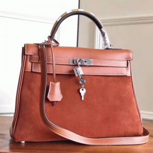 Fausse Sac à main Hermès Kelly 32cm avec Poignée Zigzag Suède Marron