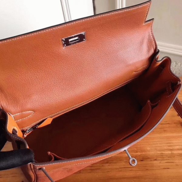 Fausse Sac à main Hermès Kelly 32cm avec Poignée Zigzag Suède Marron – Image 3