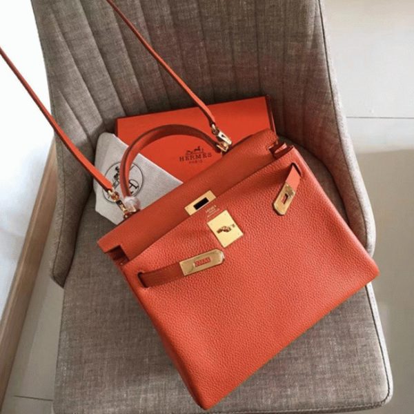 Contrefaçon Sac à main Hermès Kelly Retourne 32cm Orange Clémence – Image 8