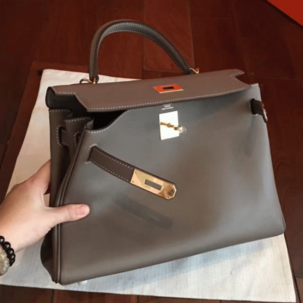 Copie de luxe Sac à main Hermès Kelly Retourne 32cm étoupe Swift – Image 4