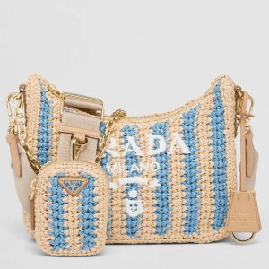 Faux sac Prada Re-Edition en rayures beige et bleu