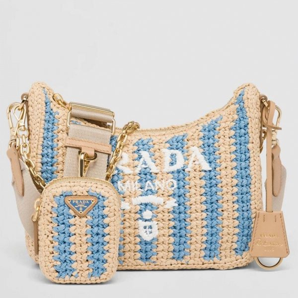Faux sac Prada Re-Edition en rayures beige et bleu