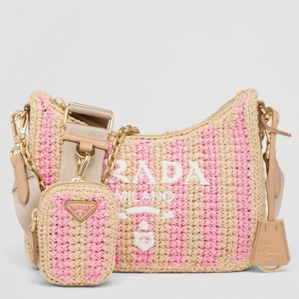 Contrefaçon sac Prada Re-Edition en rayures beige et rose