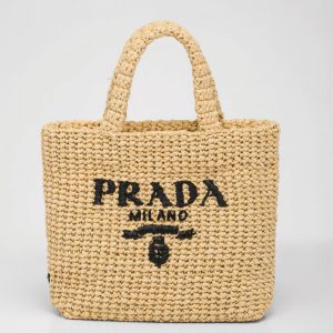Contrefaçon petit cabas Prada en fil effet raphia beige (crochet)