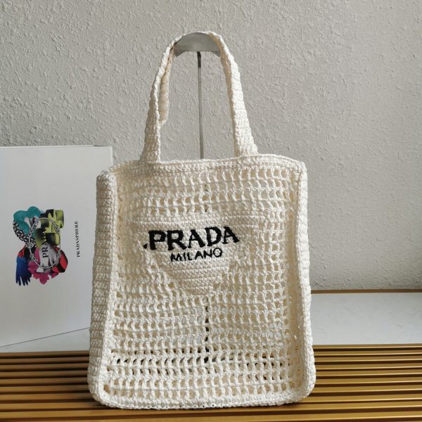 Meilleure réplique petit cabas Prada en raphia tressé blanc – Image 8