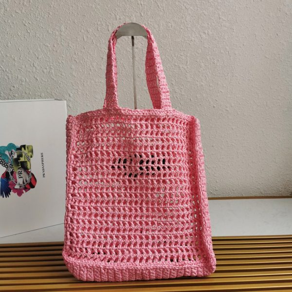 Imitation petit cabas Prada en raphia tressé rose – Image 4