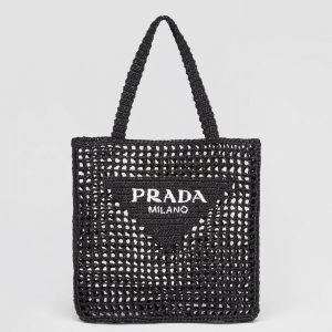 Réplique petit cabas Prada en raphia tressé noir