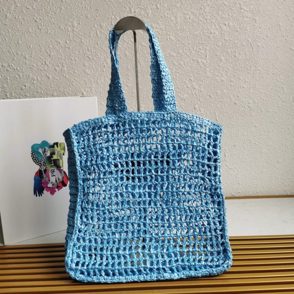 Contrefaçon petit cabas Prada en raphia tressé bleu – Image 2