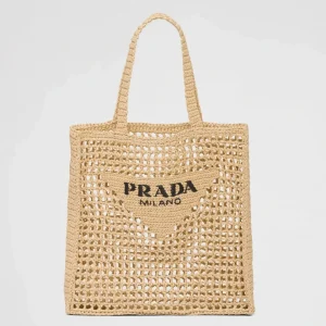 Faux petit cabas Prada en raphia tressé beige