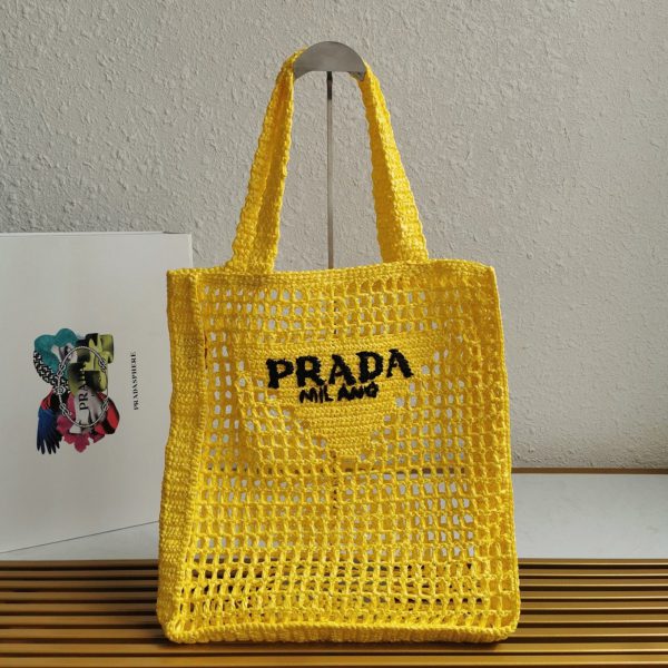 Réplique petit cabas Prada en raphia tressé jaune – Image 5