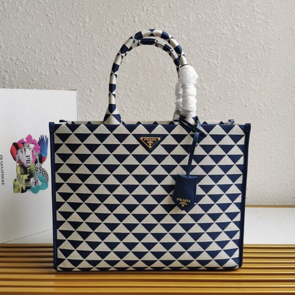Faux grand sac Prada Symbole en tissu jacquard blanc/bleu – Image 8