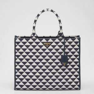 Faux grand sac Prada Symbole en tissu jacquard blanc/bleu