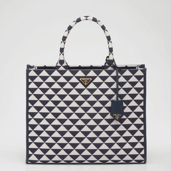 Faux grand sac Prada Symbole en tissu jacquard blanc/bleu