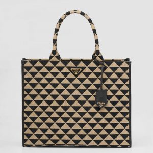 Contrefaçon grand sac Prada Symbole en tissu jacquard noir/beige