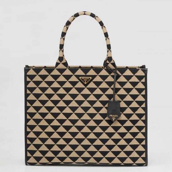 Contrefaçon grand sac Prada Symbole en tissu jacquard noir/beige